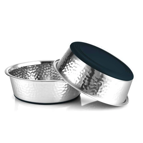 URBUDDIES 2 Pack Hammered Stainless Steel Dog Bowls, 4 Cup, Black Bottom