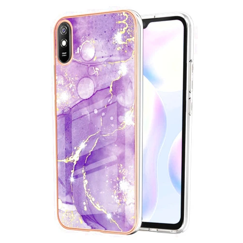 SHYXGLON Case for Xiaomi Redmi 9A with Tempered Glass Screen Protector 360 Protection Plating Ultra Thin Glitter Hybrid Bumper Anti Scratch Shockproof Cover for Xiaomi Redmi 9A (Dark Purple)