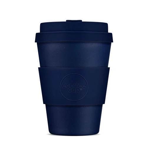 Ecoffee Cup: Dark Energy with Blue Silicone 12oz, Reusable and Eco Friendly Takeaway Coffee Cup