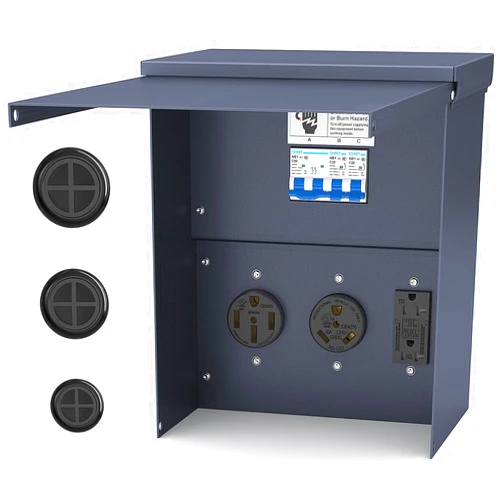 Joinfworld Temporary Power Outlet Panel Weatherproof, Thicker RV Pedeatal Electrical Breaker Box with 20, 30, 50 Amp Receptacle Installed and Prewired for Hookup RV Camper Travel Trailer Motorhome
