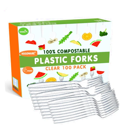 HOGOWARE 100 Pack Clear Plastic Forks - Heavy Duty Disposable Silverware & Cutlery Set | Plastic Utensils for Party, BBQ, Picnic, Office, Home | Bulk Plasticware, Cubiertos Desechables para Fiesta