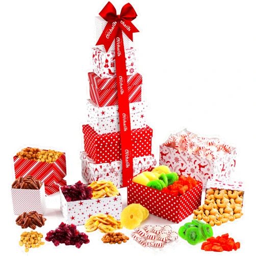 Simple Orchards Holiday Gift Basket Tower - with Dried Fruits & Nuts Gourmet Cravings Indulgence - 6 Tier Food Basket Gift Set Great Treat Towers Christmas Gifts Present for Men & Women