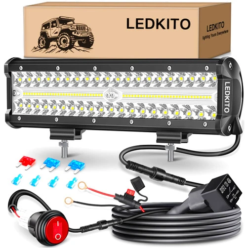 LEDKITO 12 Inch LED Light Bar Kit with 16AWG Wiring Harness Triple Row Spot Flood Combo LED Off Road Driving Lights Bar Work Lights Pod for Trucks UTV ATV Tractor Golf Je-ep