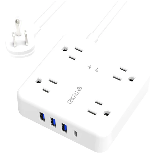 TROND Surge Protector Power Strip with USB Ports, 5ft Flat Plug Extension Cord with Multiple Outlets, 1440J, Wall Mount for Home Office Dorm Room Essentials, White