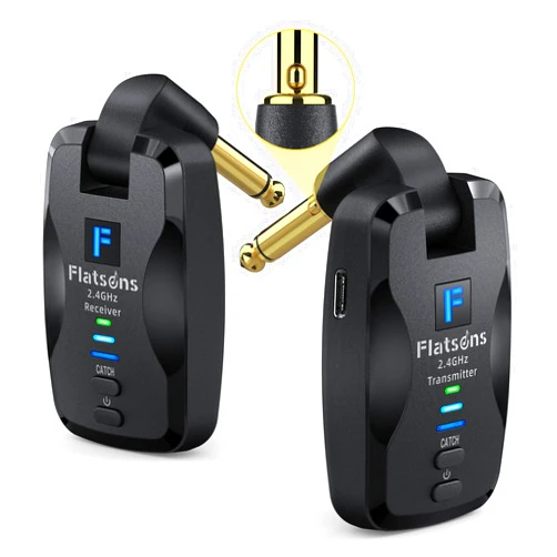 Flatsons FW2D Wireless Guitar System Exclusive Mute Plug, 2.4 GHz 6 Channel Wireless Guitar Transmitter Receiver, Cordless Guitar Transmitter Rechargeable USB C for Acoustic Electric Guitar, Bass, Ukulele, etc