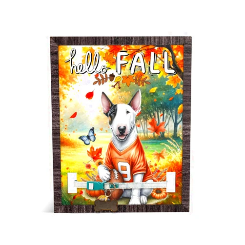 Ninety3POD Hello Fall Bull Terrier Football Welcome Autumn with Leaves Pumpkins Memorial Picture Frame Bully Dog Breed Lovers Gifts Idea 9x11in Remembrance Collar Sign - 012