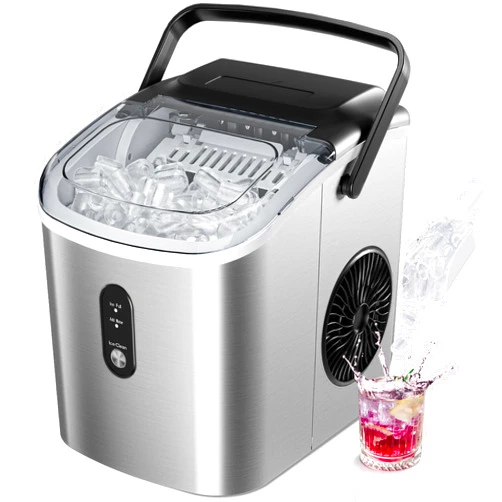 EUHOMY Countertop Ice Maker Machine with Handle, 26.5lbs per Day, 9 Cubes in 6 Mins, Auto-Cleaning Portable Ice Maker with Basket and Scoop, for Home/Kitchen/Camping/RV. (Silver)
