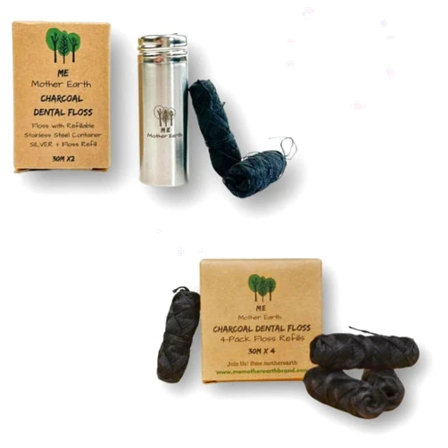 ME MOTHER EARTH Vegan Biodegradable Bamboo Charcoal Dental Floss with Refillable Stainless Steel Container with 33yds x4 | Peppermint Essential Oil | Eco Friendly Zero Waste Oral Care