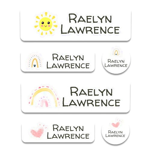 SUNSHINE STICKERS Custom Kid Name Labels for Daycare Variety Pack (180 ct.), Waterproof Dishwasher Safe Camp Personalized Name Stickers for School Supply, Baby Bottles, Lunch Boxes and Cups, Travel. (Pattern 8)