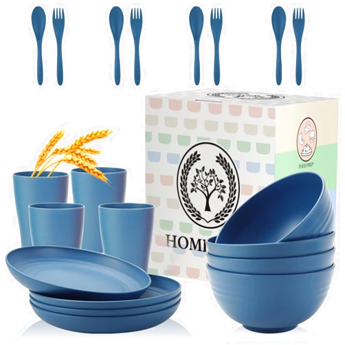 Homienly Wheat Straw Dinnerware Sets, Homienly 20pcs Unbreakable Microwave Dishwasher Safe Tableware Lightweight Bowls, Cups, Plates Set Reusable Dinner Plates Bowls set (Blue)