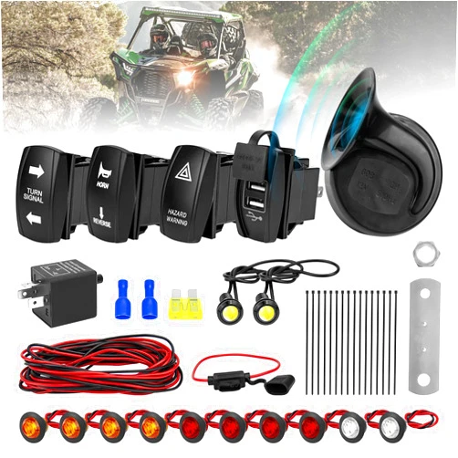 ELMCONFIG ATV UTV Turn Signal Kit, Universal Street Legal Turn Signal with Toggle Switch & 110DB Horn, 2 Ports USB Flasher Relay for Polaris, Can-Am, Kawasaki, Arctic Cat, Pioneer Golf Cart Dune Buggy