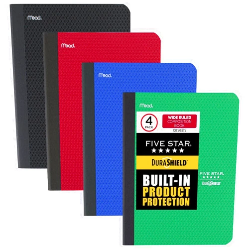 Five Star DuraShield Composition Books with Antimicrobial Covers, 4 Pack, 1 Subject, Wide Ruled Paper, 11