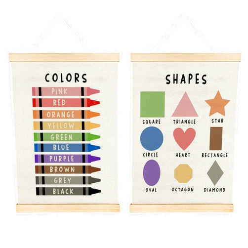 Nrleey Shapes Colors Wall Decor with Wooden Poster Hanger - Classroom Decor, Shapes Colors Learning Wall Art Posters for Nursery Kids Room Playroom Preschool, 12x16 Inch Set of 2