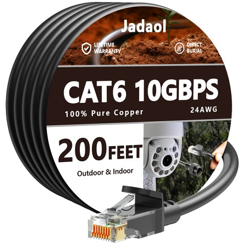 Jadaol Cat6 Outdoor Ethernet Cable 200ft, Support Cat8 Cat7 Network, 10Gbps 24AWG Pure Copper, Heavy Duty Direct Burial In-Ground Waterproof UV Resistant LAN Internet Patch Cable, Durable Long Ethernet Cable