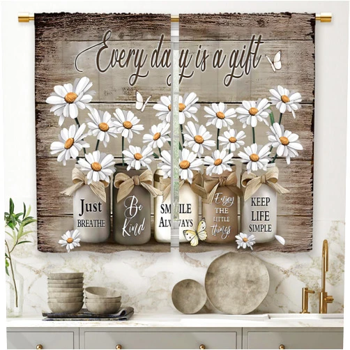 Laifzere Farmhouse Floral Kitchen Curtains Daisy Rustic Vintage Flower Inspirational Small Short Cafe Window Curtains Wooden Country Quotes Bathroom Tier Window Treatment Drapes (27.5x39 Inch)