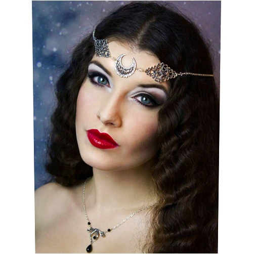 RELOVET Crescent Moon Crystal Silver Headpiece Gothic for Women Festival Halloween Hair Accessories (black beads)