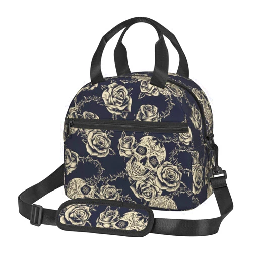 bassyil Skull Insulated Lunch Bag Reusable Lunch Box With Adjustable Shoulder Strap Cooler Tote Bag For Men Women