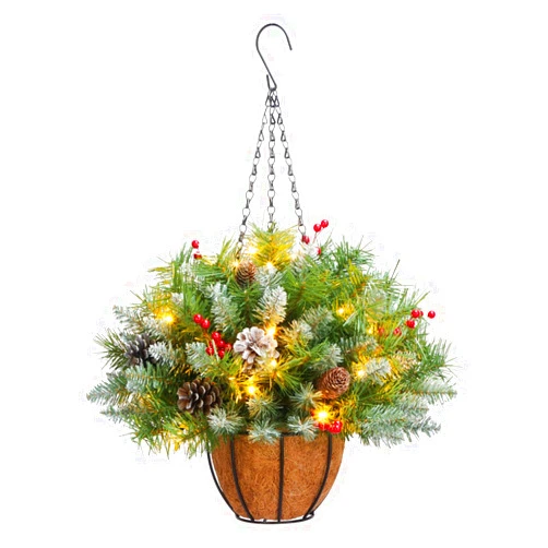 ANOTHERME Pre-lit 20inch Artificial Christmas Hanging Basket, prelit with 30 Battery-Operated LED Lights, Decor with Pine Cones and Red Berries for Indoor Outdoor Holiday