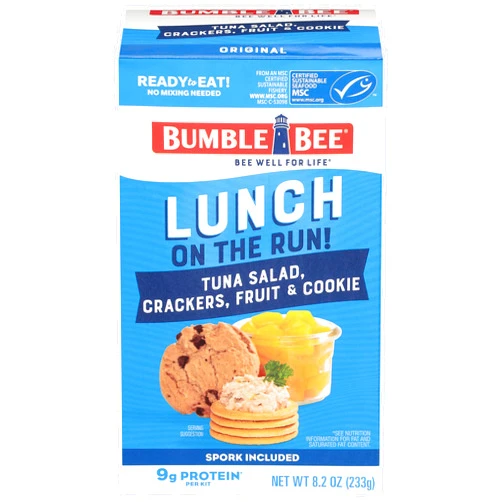 Bumble Bee Lunch On The Run Tuna Salad with Crackers Kit, 8.2 oz - Ready to Eat, Includes Crackers, Cookie & Peaches - Wild Caught Tuna - Shelf Stable & Convenient Source of Protein, Easy Open Can