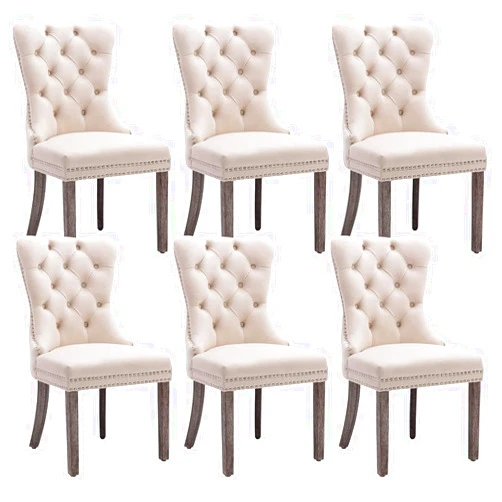 Eifizek Velvet Dining Chairs Set of 6, Tufted Dining Room Chairs with Nailhead Ring Pull Trim, Upholstered Dining Chairs with Solid Wood Legs for Kitchen Dining Room (Beige)