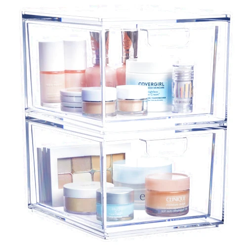STORi Audrey Stackable Clear Bin Plastic Organizer Drawers | 2 Piece Set | Organize Cosmetics and Beauty Supplies on a Vanity | Made in USA