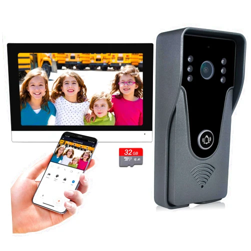 AMOCAM Wireless IP Video Doorbell Intercom System, WiFi 7 Inch Monitor with Metal HD Door Camera (Wired Power), Video Intercom with 32G Card Record, APP Remote 2-Way Audio, Unlock for Home Security System