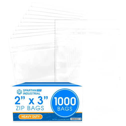 Spartan Industrial - 2” X 3” (1000 Count) 4 Mil Thick Clear Reclosable Zip Plastic Poly Bags with Resealable Lock Seal Zipper - Heavy Duty and Durable