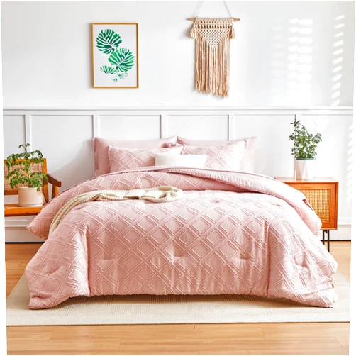 Flysheep 6 Pieces Tufted Bed in a Bag Twin Comforter Set with Sheets Blush Pink, Soft and Embroidery Shabby Chic Boho Bohemian, Luxury Solid with Diamond Pattern, Jacquard Tufts Bedding Set for Kids Girls