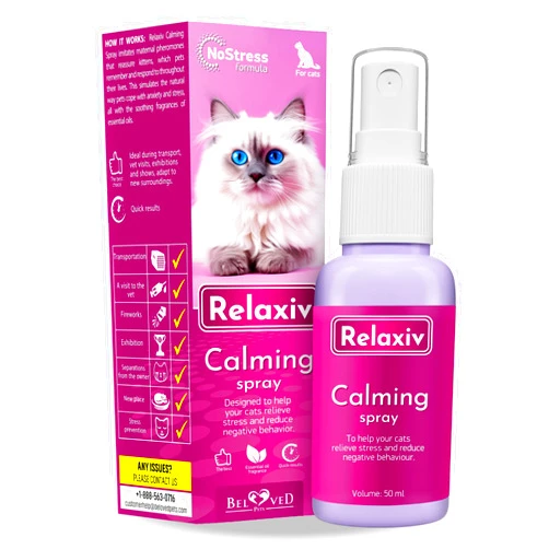 RELAXIVET Calming Pheromone Spray & Scratch Repellent for Cats - Reduces Scratching Furniture, Pee - During Travel, Fireworks, Thunder, Vet Zone - Helps to Relief Stress, Fighting, Hiding
