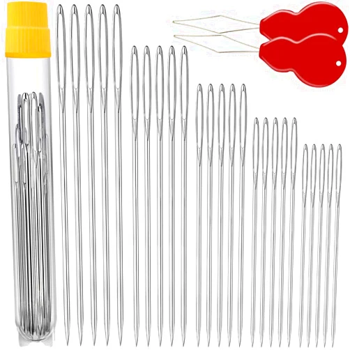 JollMono 25/50 PCS Premium Large Eye Large gage Needles for Hand Sewing with 2 Needle Threaders, Assorted Sizes, Embroidery Needles for Hand Sewing, Big Eye Needle