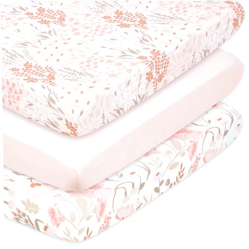 The Peanutshell 3 Pack and Play Crib Sheets Fitted - Universal Pack N Play Sheets for Pack and Play Mattress, Soft & Breathable Playard Bedding for Graco, Mini Crib Sheets Girl Fitted, Pink Floral