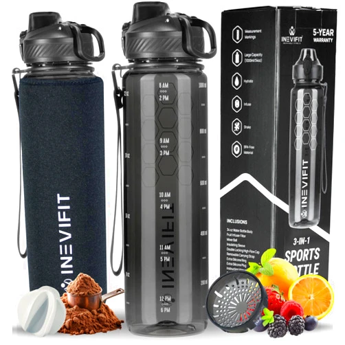 INEVIFIT 3-in-1 Sports Water Bottle 34oz 1L Hydration Tracking Water Bottles with Daily Time Marker BPA Free Tritan Leak Proof with Fruit Infuser Filter, Mixer Ball, Insulating Sleeve & Carrying Strap