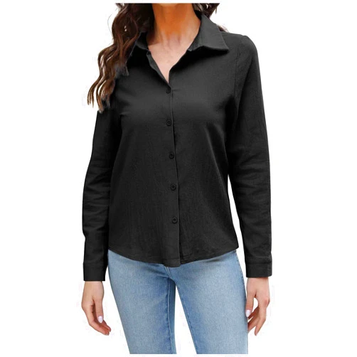 SMIDOW Women Long Sleeve Solid Color Plain Tops Button Down Lapel Cotton Linen Shirts Blouse Fall Fashion Clothing