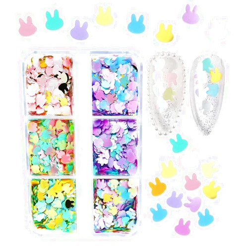 BELSITA Bunny Nail Glitter Sequins Easter 3D Holographic Rabbit Nail Art Flakes Mixed Color Cute Bunny Sparkly Nail Stickers Decals Confetti Acrylic Nail Supplies for Women Easter Nails Decorations 6 Grids