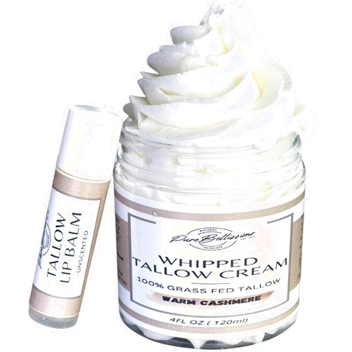 PureBellissimo Beef Tallow for Skin Care - Whipped Beef Tallow for Face and Body with Tallow Lip Balm Set - Natural Greassfed Beef Tallow Moisturizer for Sensative Skin- Warm Cashmere Scent