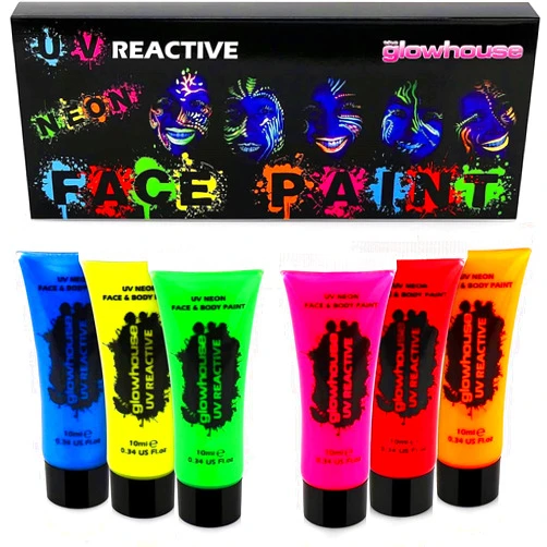 The Glowhouse Glow in the Dark Face Paint and Body Paint Set, Fluorescent Neon Body Paint, UV Reactive, Set of 6 Neon Colors for Parties, Festivals, and Events