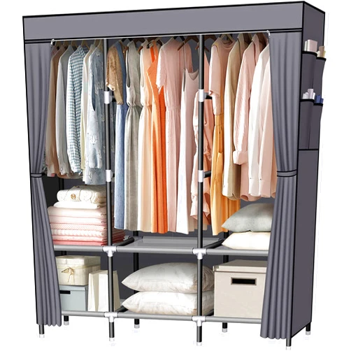 LOKEME Portable Closet, 61-Inch Portable Wardrobe with 3 Hanging Rods and 6 Storage Shelves, Non-Woven Fabric, Stable and Easy Assembly Grey Portable Closets for Hanging Clothes with Side Pockets