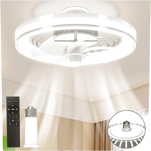 Hisummer Socket Fan Light with Remote, 2 In 1 Screw In Ceiling Fan With Light and Remote, 13 Inch Plug In Bladeless Flush Mount Ceiling Fan, Small Dimmable Low Profile Ceiling Fan for Bedroom Kitchen Garage