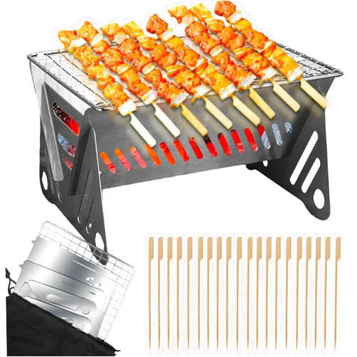 Arrebol Outdoor Stainless Steel Camping Grill Folding Barbecue Grills Mini Portable Camping Grill with Bamboo chopsticks/Storage bag, Small Assemblable Removable BBQ Grill Tabletop Fire Pit for Camping Patio