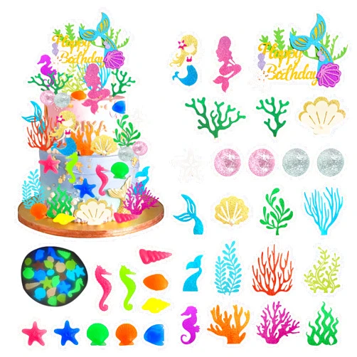 MOLYSEA 36 PCS Mermaid Cake Topper Glitter Mermaid Theme Birthday Cupcake Topper with Starfish Conch Seahorse Shell Seaweed Fish for Birthday Party Baby Shower Wedding Under the Sea Party Supplies