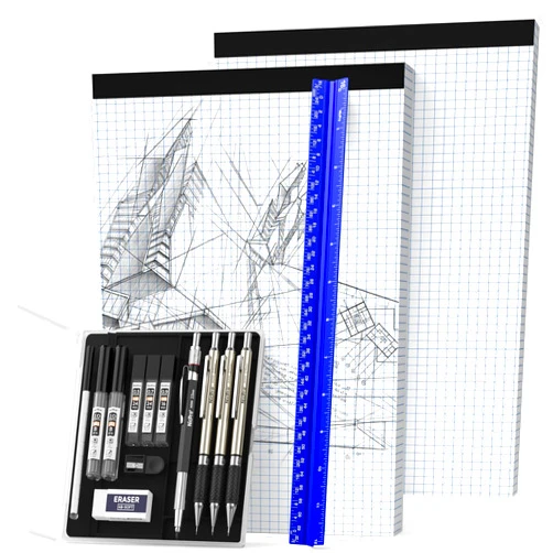 Nicpro 16PCS Drafting Tools with 12‘’ Aluminum Architectural Scale Ruler, Mechanical Pencils 0.5, 0.7, 0.9 & 2mm, Lead Refills, 2 Pack Graph Paper, Geometry Drawing Kit for Engineers Students Design