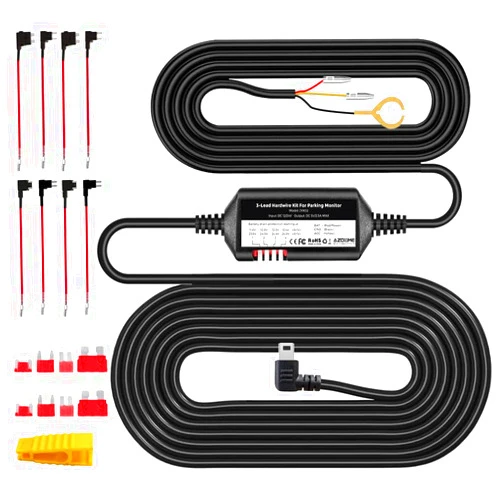 AZDOME 3-Lead ACC Hardwire Kit Mini-USB Port for M550(Pro)/M01 Pro/M17 Dash Cam, 12ft with Fuse Kit, for Dash Camera 24H Parking Monitor, Converts 12V-24V to Output 5V/2.5A Max, Low Voltage Protection