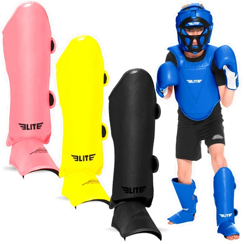 Elite Sports Muay Thai MMA Kickboxing Boys and Girls Shin Guards for Age 4 to 14 Years, Instep Guard Sparring Protective Leg Shin Kick Pads for Kids
