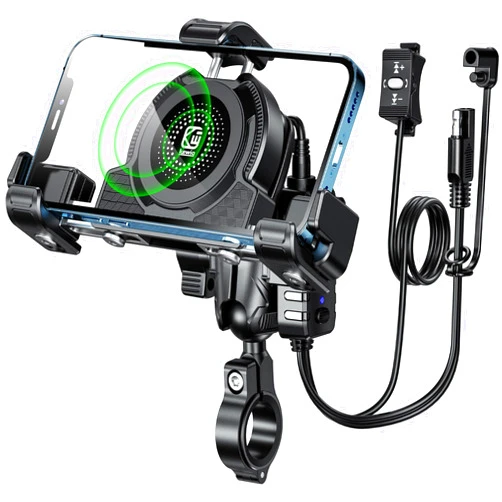 Kewig Motorcycle Phone Mount with Qi 15W Wireless Charger & USB C 36W Fast Charging Port, No Block Camera, Anti-Theft Phone Holder Handblebar with Vibration Dampener Fit for 5.4-7.2