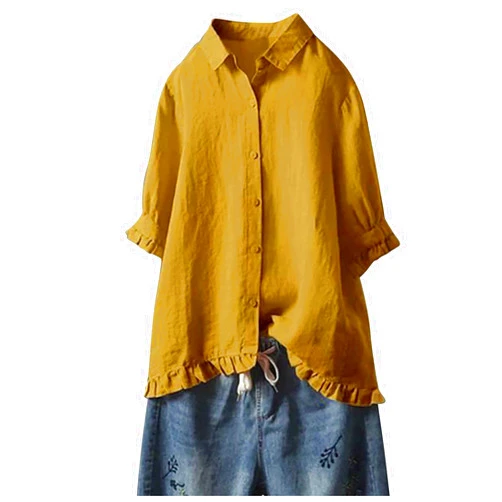 Ceboyel Women Button Down Linen Shirts Solid Summer Casual Blouses Ruffle Hem Flowy Tops Trendy Ladies Going Out Clothes 2023