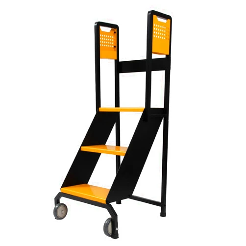 biosp 3-Step Mobile Heavy Duty Ladder with Lockable Wheels, Long Handrails, Rolling Ladder, Steel Stepladder for Garage, Factory, Warehouse, 350lbs