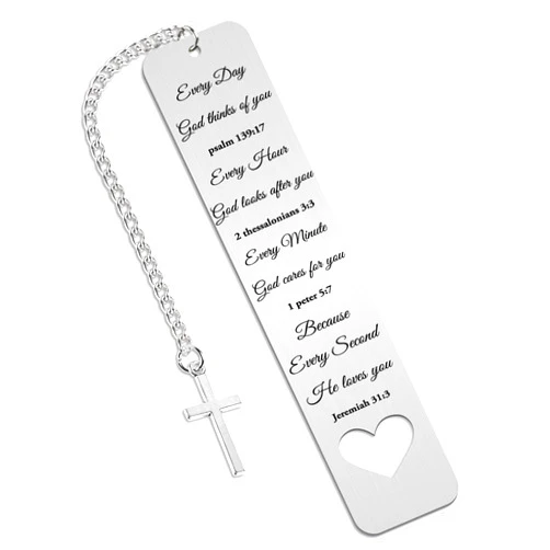 Zaamwoyy Bible Verse Metal Bookmark Gift - Christening Bookmarks Gifts for Women Men Inspirational Baptism Birthday Gift for Book Lovers Bookworms Book Club Religious Reading Gift, Silver