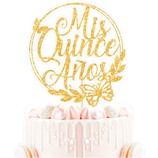 Calarjeta Mis Quince Anos Cake Topper, Feliz 15 Anos, 15th Birthday Cake Topper, Hello 15, Happy 15th Birthday Party Decorations (Gold Glitter)