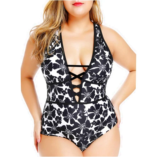 FlatterMe Women's Black Sexy Plus Size Rosa Floral Print One Piece Swimsuit,Plunge Neckline with Lace Up Detail Swimwear