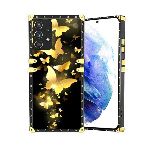 Stewing prerog Compatible with Samsung Galaxy A32 5G Square Case, Golden Flying Butterfly Luxury Golden Decoration for Samsung Case Girls Women,Soft TPU and Hard PC Back Trendy Protective Cover Case
